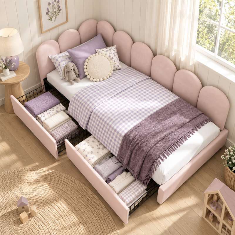 Upholstered Daybed with 2 Drawer, Pink
