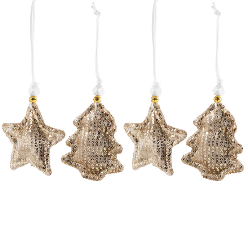 Ornements de Noël en peluche à paillettes étoiles et arbres - 4 po - ensemble de 4