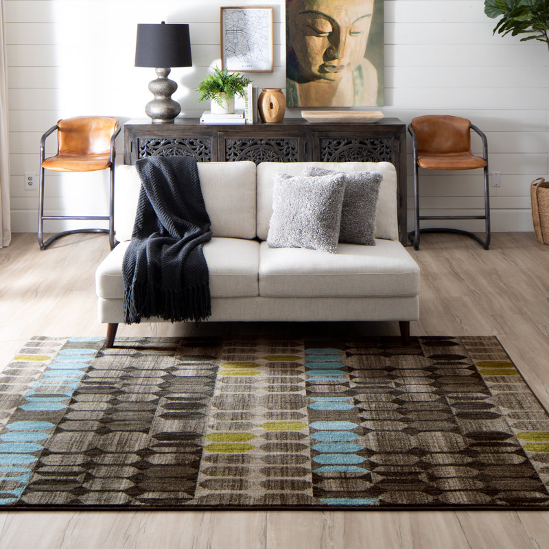 Gray and Black Geometric Polyester Area Rug, 9'6" x 12'11"