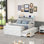 Lit double en bois avec tête de lit avec prises de courant, lit extensible avec lit gigogne simple avec trois tiroirs de rangement, blanc