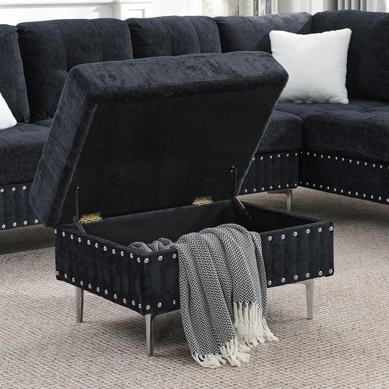 102'' Upholstered Sectional Sofa with Ottoman, Navy Blue