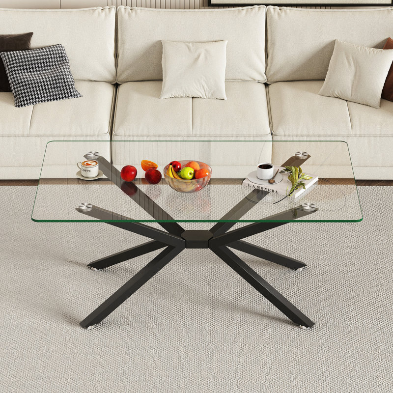 Table basse de 39,37 po rectangulaire en verre trempé transparent, design élégant avec pieds en métal, table basse de salon