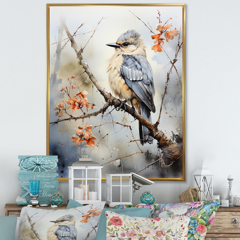 «Misty Blueray Bird On Branch I», reproduction sur toile, H 40 po x l 30 po x P 1,5 po, Cadre flottant doré