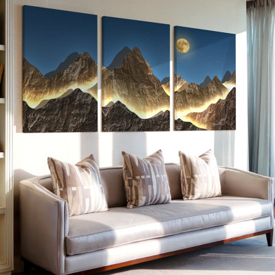 3 pièces d'art mural de paysage de montagne avec lune, art mural trois pièces pour le salon, la chambre à coucher, le bureau, la salle à manger et la décoration intérieure, aspect encadré