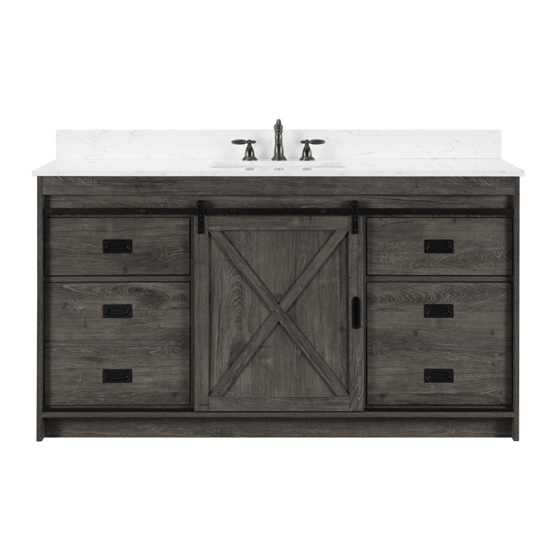 Jillian 60'' Single Bathroom Vanity with Engineered Stone Top, Charcoal Gray/Matt Black