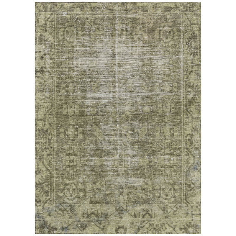 8' X 10' Olive Green Oriental Washable Indoor Outdoor Area Rug