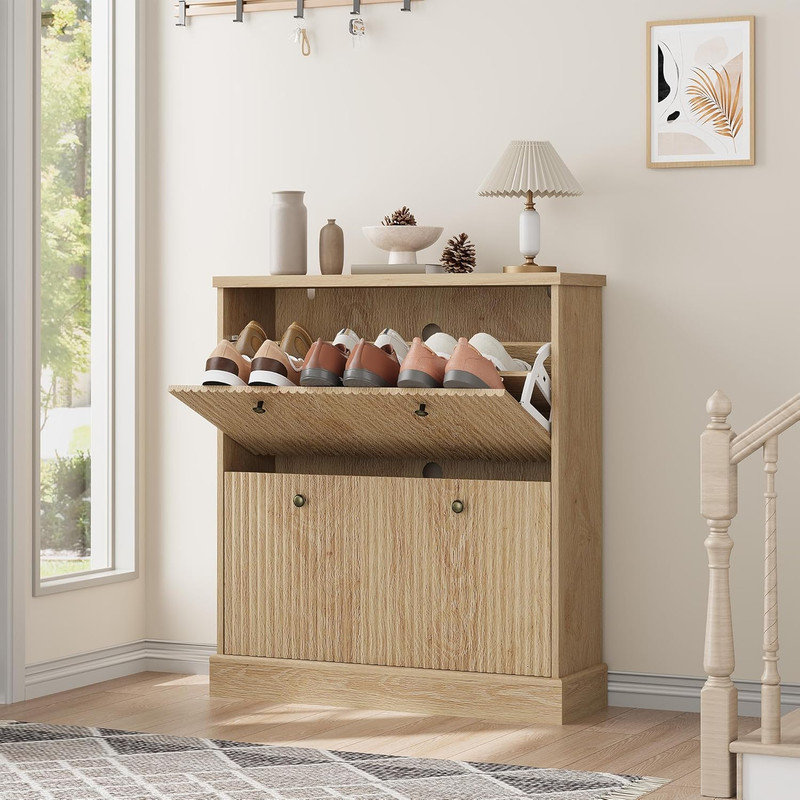 Shoe Cabinet with 2 Flip Drawers, Hidden Wooden Fluted Storage with Adjustable Shelf for Entryway, Hallway, Natural Wood