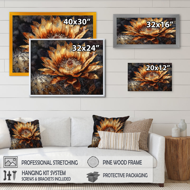 Art sur toile de cactus brun Rozia, H 16 po x l 32 po x P 1 po, Cadre flottant noir