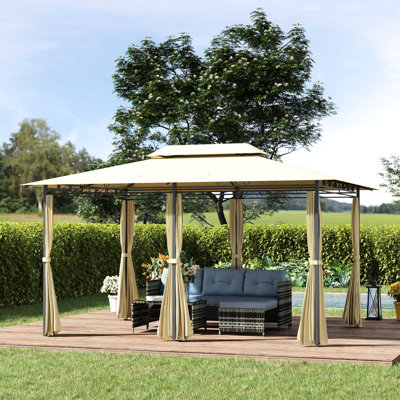 10' X 13' Patio Gazebo, Vented Roof, Steel Frame, Curtains, Cream White For Deck Area Gazebo Canopy, Garden, Lawn,