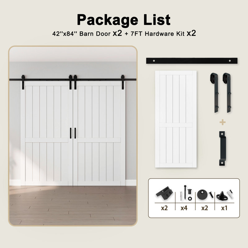 Porte de grange coulissante double 84 po H, 84 po x 84 po, Blanc, Standard