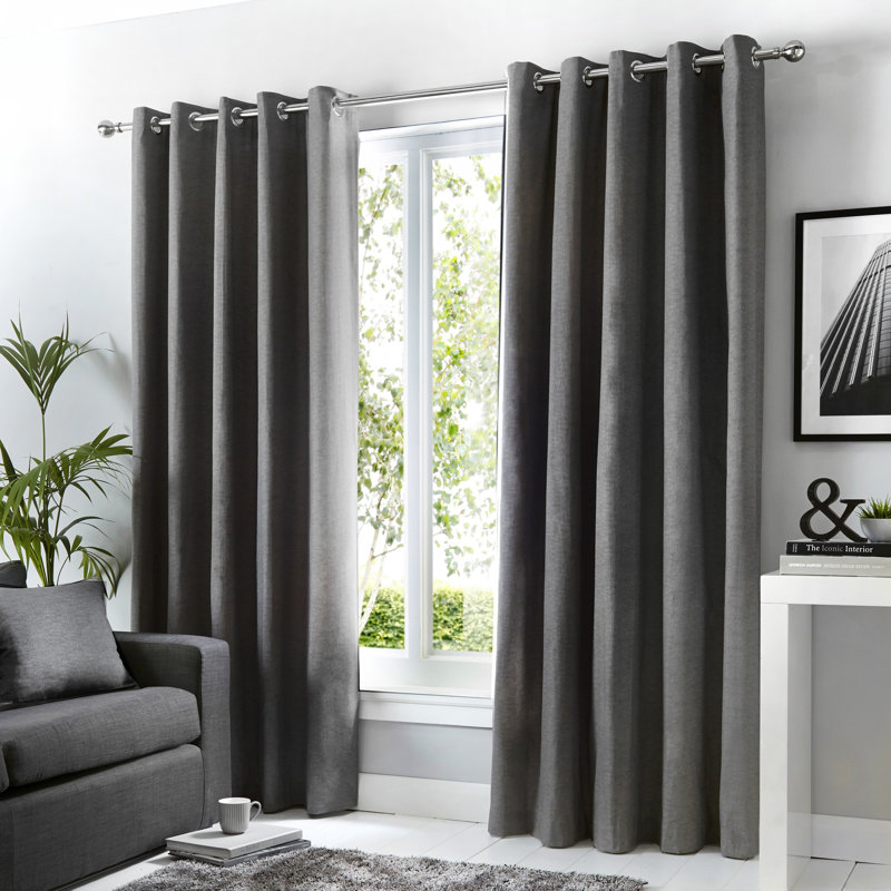 Cotton Blend Room Darkening Curtain Pair, Charcoal, Width 168 x Drop 137 cm