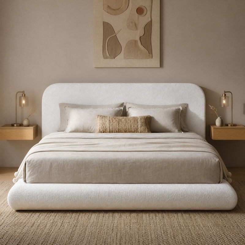 Structure de lit tapissier très grand avec tête de lit en velours courbé, panneaux arqués en mousse entièrement rembourrés, support en métal robuste, aucun sommier tapissier requis, crème