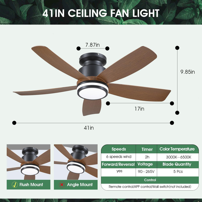 41" Flush Mount Ceiling Fan With Light And Remote/app Control, Brown