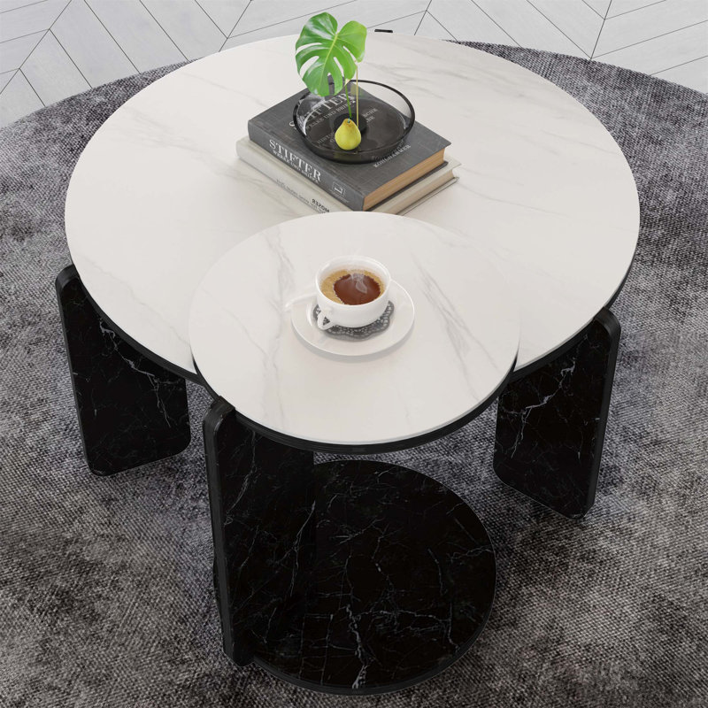 Ensemble de 2 tables basses et de bout gigognes rondes, plateau en pierre frittée pour plus de durabilité et de style, idéal pour les petits espaces et les décors modernes