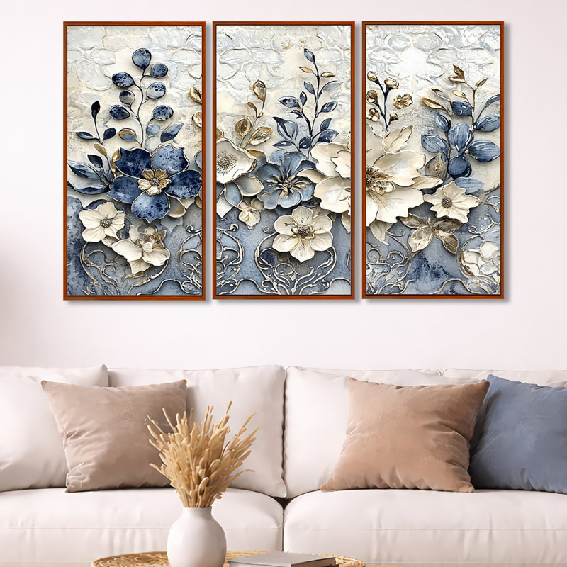 «White and Blue Floral Abstract Tiles II», ensemble d'art mural fleurs, Toile avec cadre flottant brun
