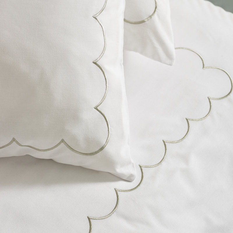 Scallop Border Embroidery Duvet Cover Set, Kingsize Duvet Cover + 2 Standard Pillowcases, Green