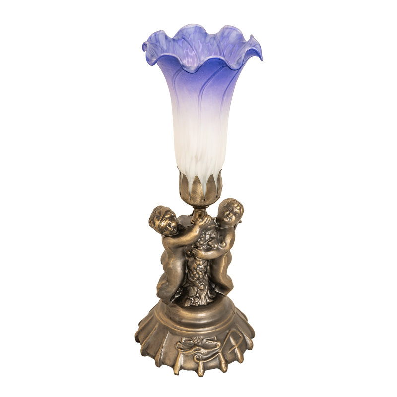 13" High Blue/White Pond Lily Twin Cherub Mini Lamp