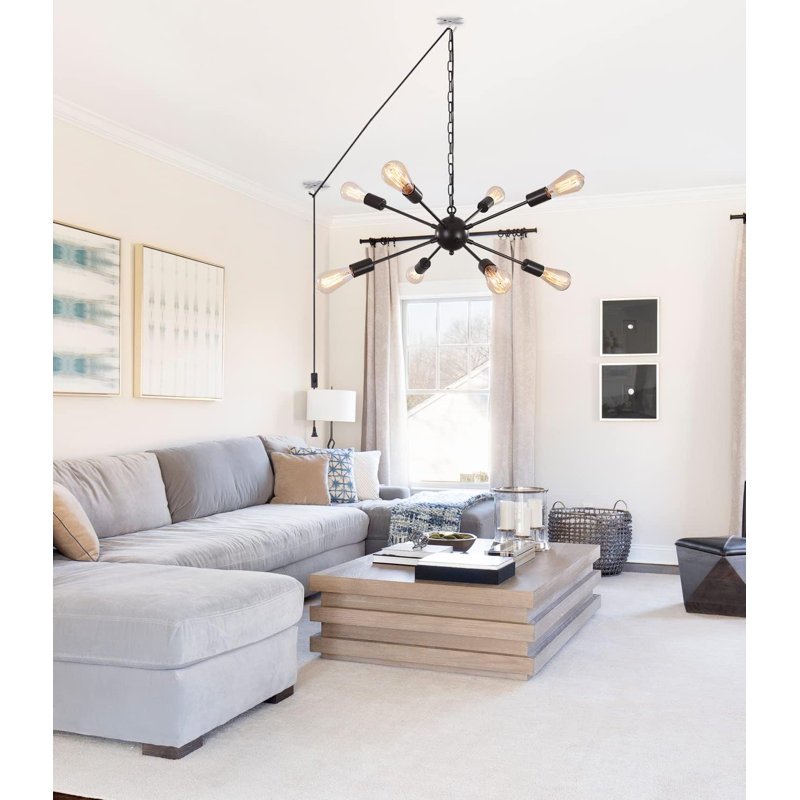 Black 8-Light Sputnik Plug-In Chandelier with Adjustable Chain