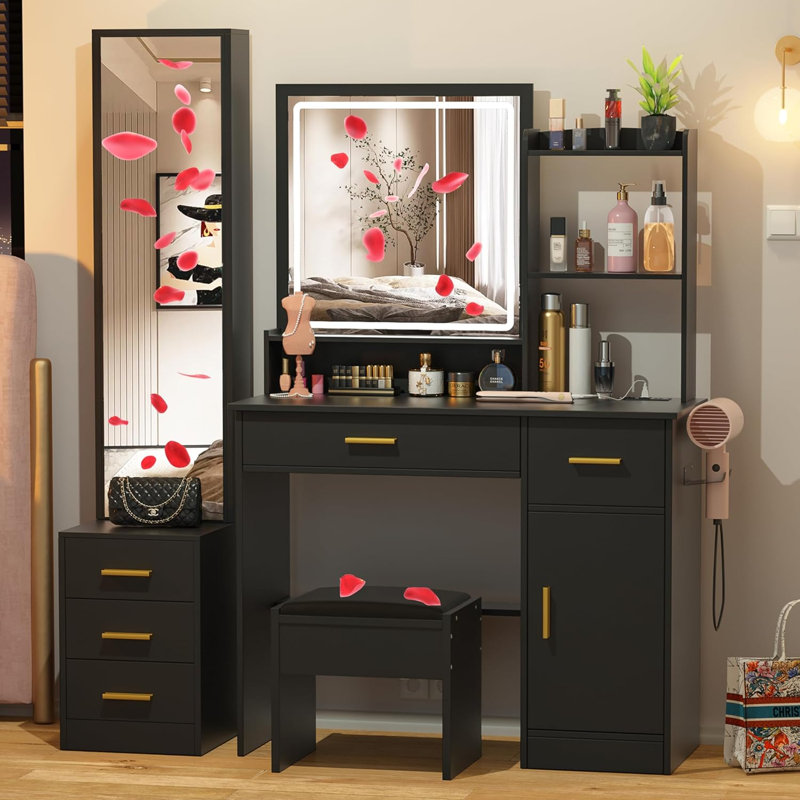 Makeup Vanity Desk with Lights and Full-Length Mirror, Vanity Table Set with 3 Lighting Modes, Dressing Table with Drawers, Large Vanity Desk for Bedroom, Outlets and Stool included
