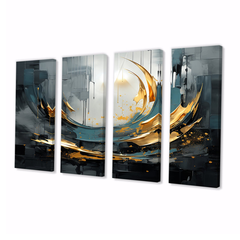 4 pièces de lumière dorée dorée sur Nuevo Blue I - Abstrait moderne, art mural, H 32 po x l 64 po