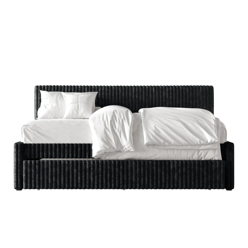 Twin Daybed Corduroy With Trundle, Dark Gray