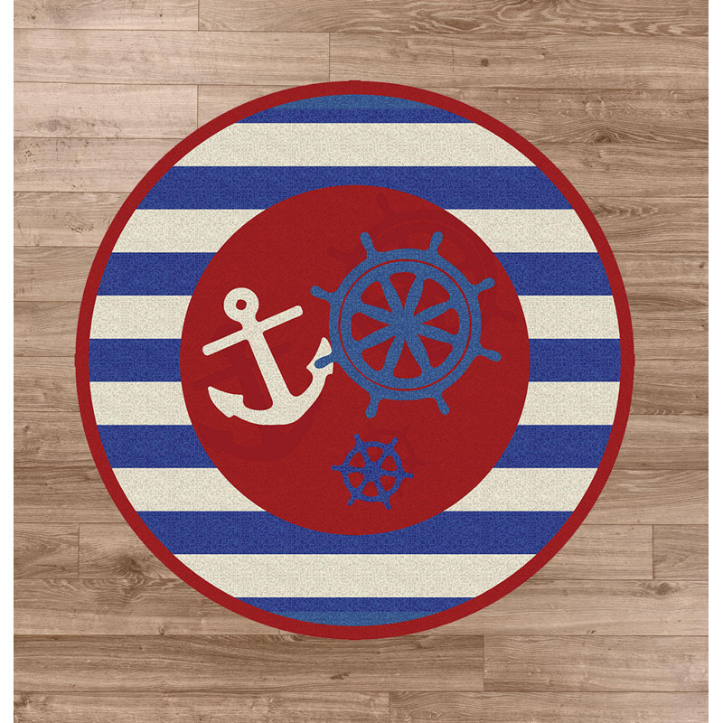 Tapis rayé bleu / rouge Aquavia, Rond 7 pi 7 po