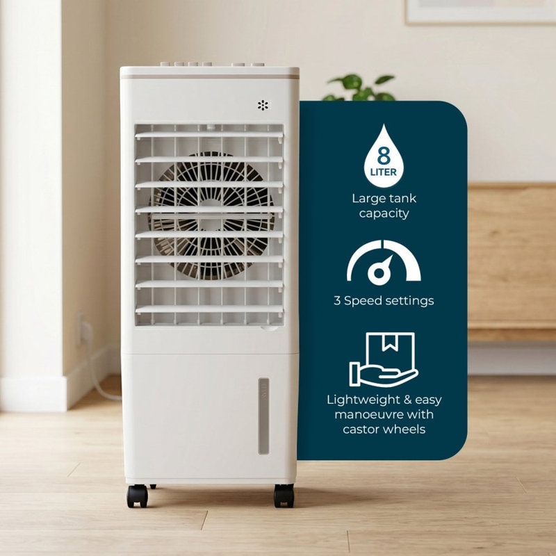 Portable 8 Litre Evaporative Ice Water Air Cooler Powerful 3-Speed 48W Oscillating Chiller Fan for Home Office Garage Studio Bedroom + Ice Packs