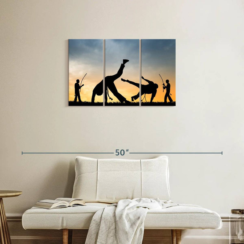 Silhouette de capoeira au coucher du soleil, H 20 po x l 33 po
