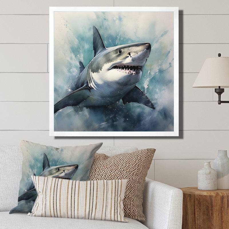 Fierce Shark II - Shark Canvas Prints, 24" H x 24" W x 1" D, White Single Picture Framed