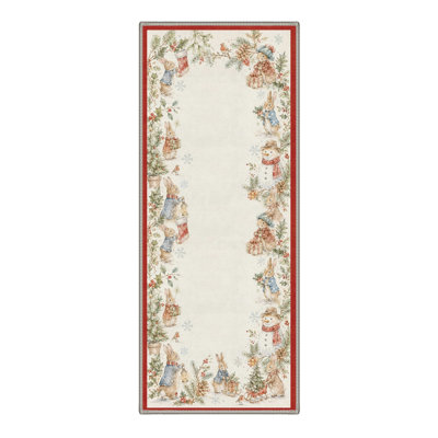Machine Washable Block Print Ivory / Red Hallway Runner With Non-Slip Backing