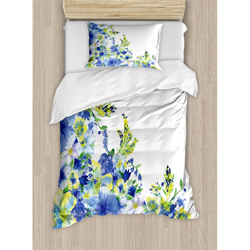 Twin Size Blue and Yellow Floral Microfiber Duvet Cover Set