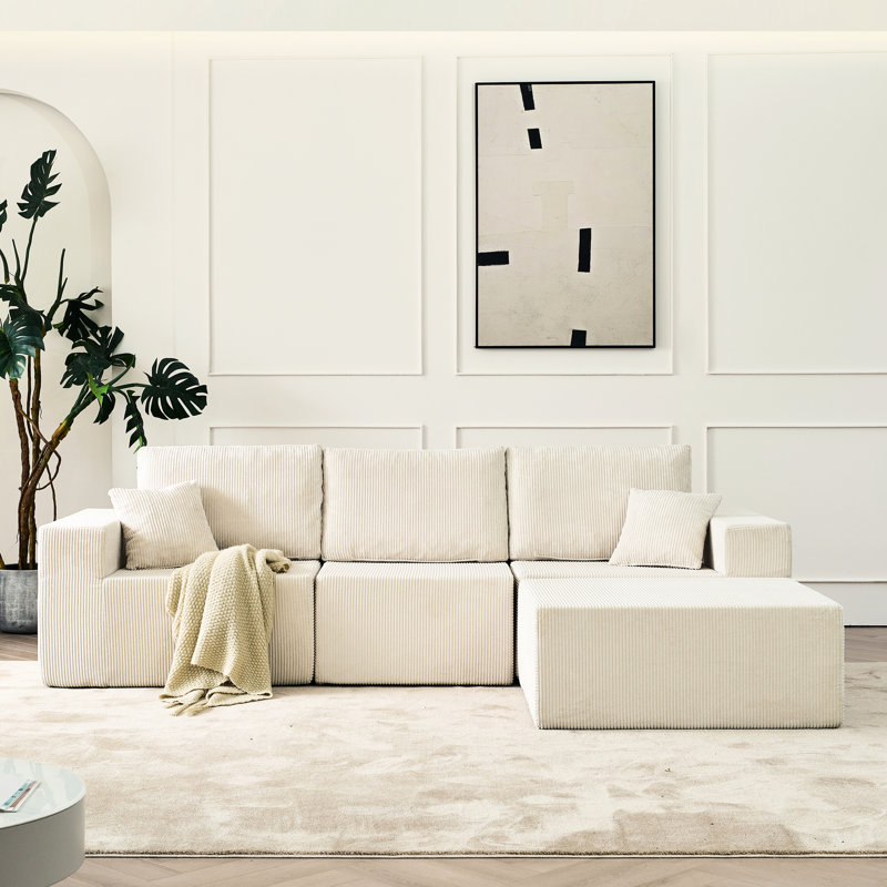 Canapé modulaire de luxe 3 places beige de 110 po avec velours côtelé, sans installation, convient pour un canapé en forme de L et 2 coussins, relaxant
