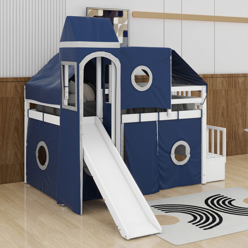 Lit mezzanine double avec tour et tente, Bleu