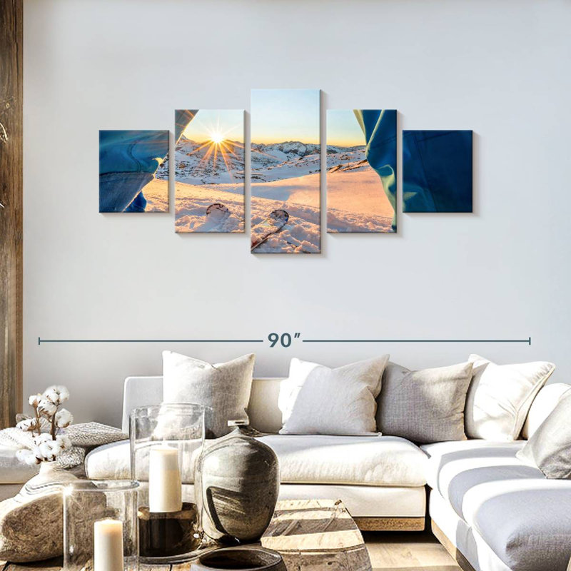 Hiver, coucher de soleil, ski, H 30 po x l 68 po