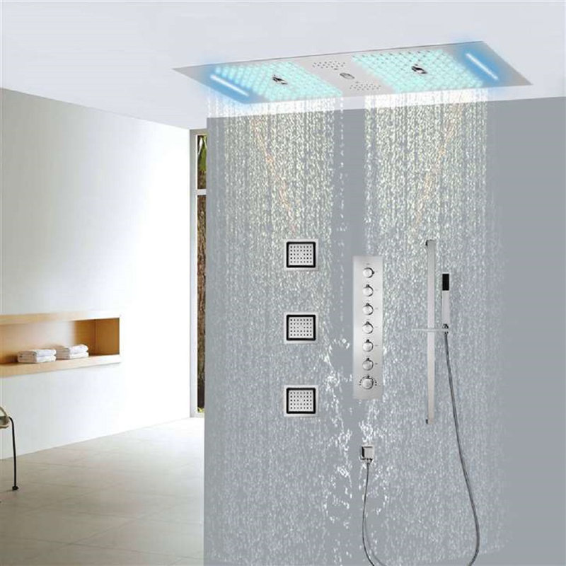 Système de douche thermostatique à panneau tactile à DEL en chrome avec jets de pluie et douche à main