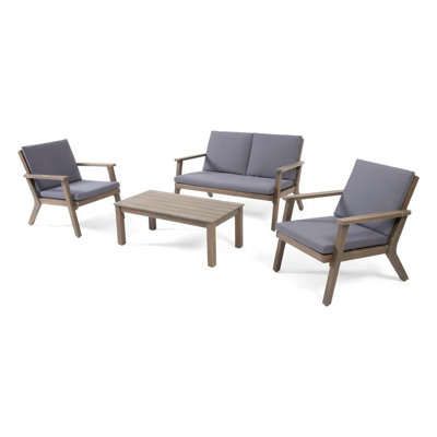 Temecula outdoor acacia wood 4-seater chat set: gray finish with dark gray cushions, loveseat, coffee table & 2 club chairs