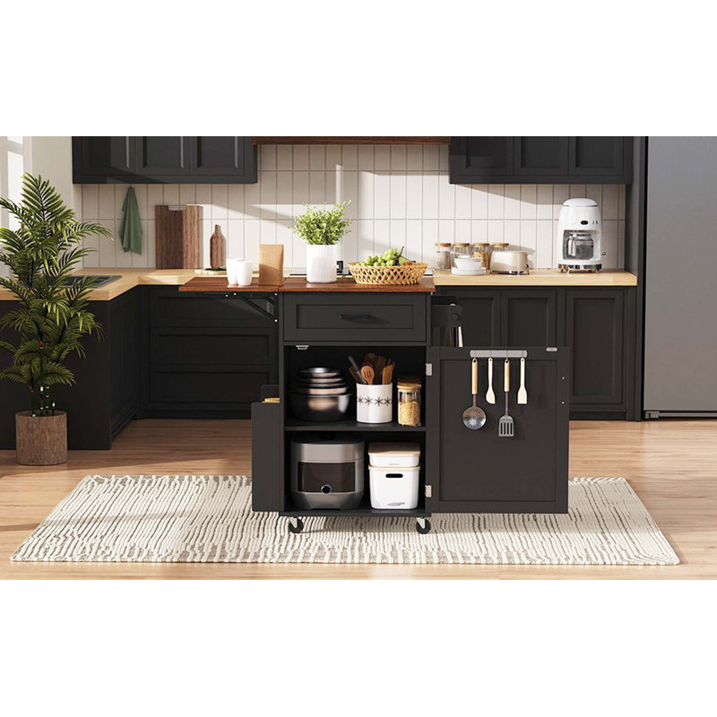 39.3'' Black Farmhouse Kitchen Island With Drop Leaf, Storage Island With Open Side Rack, 1 Drawer & Towel Rack, Rolling Cart With Lockable Wheels For Lawn, Garden