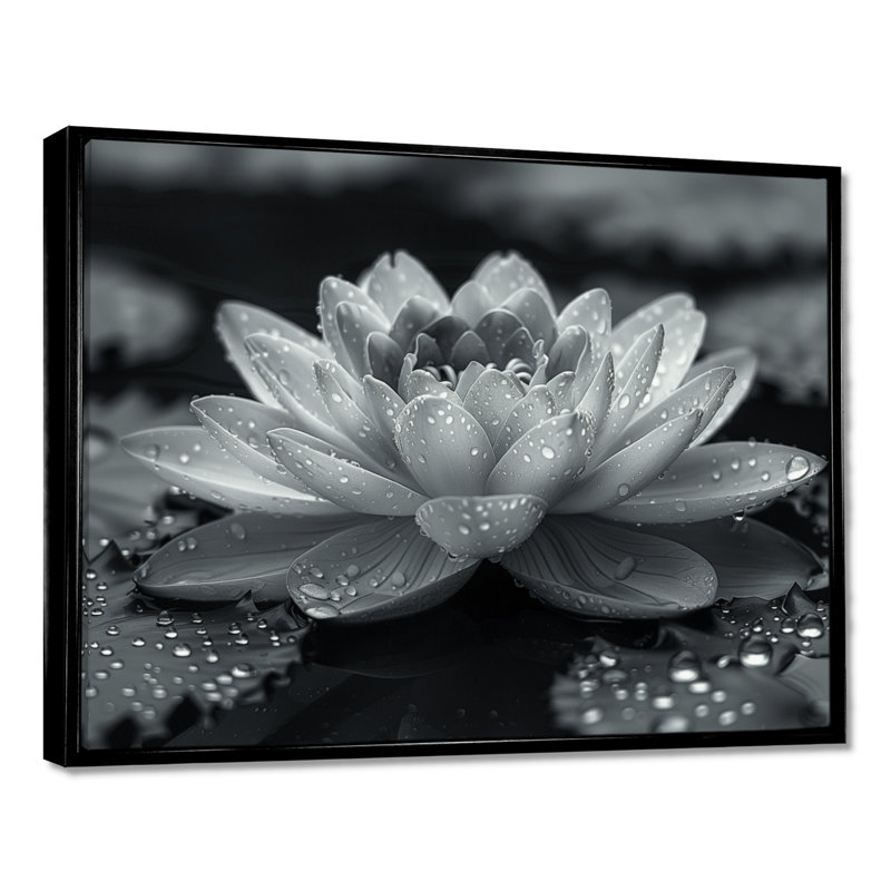 Lotus gris photo élégante silhouette II - décoration murale Lotus, H 24 po x l 32 po, Cadre flottant noir