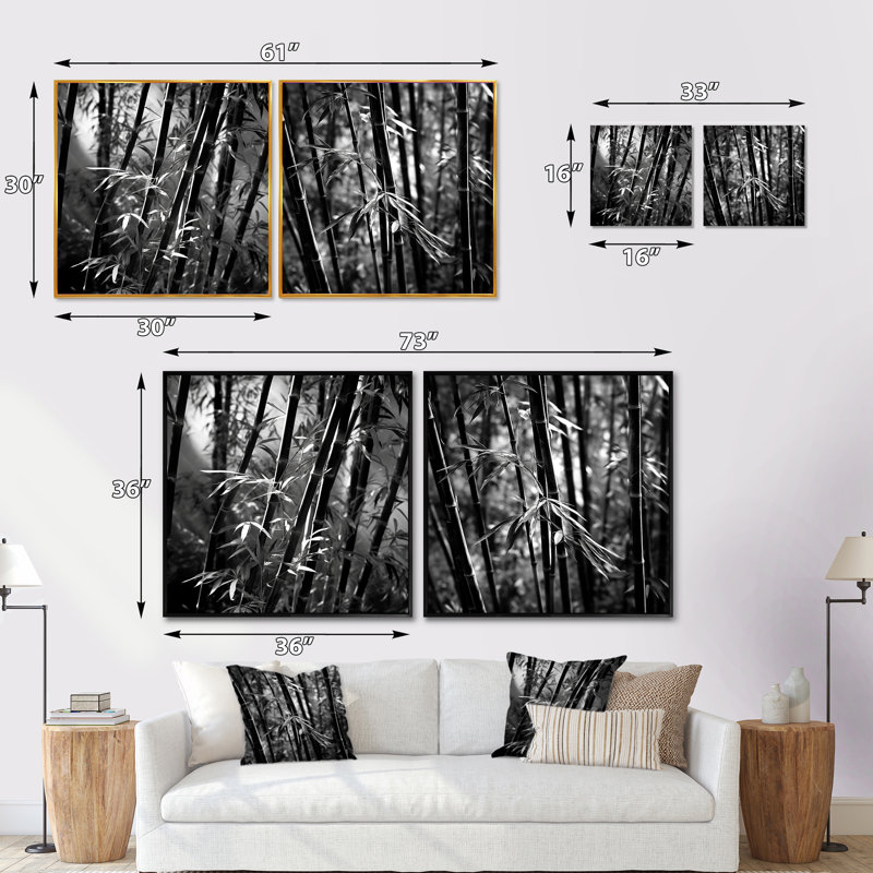 Forêt de bambou monochrome - ensemble de 2 collages carrés en bambou, Cadre flottant noir, H 16 po x l 33 po