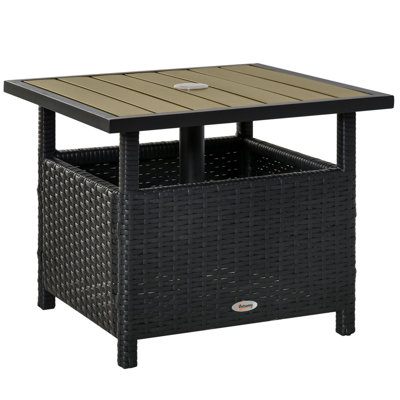 Outsunny 22'' Rattan Wicker Side Table With Steel Frame, Umbrella Insert Hole, Sand Bag For Outdoor, Patio, Garden, Backyard, Black & Tan