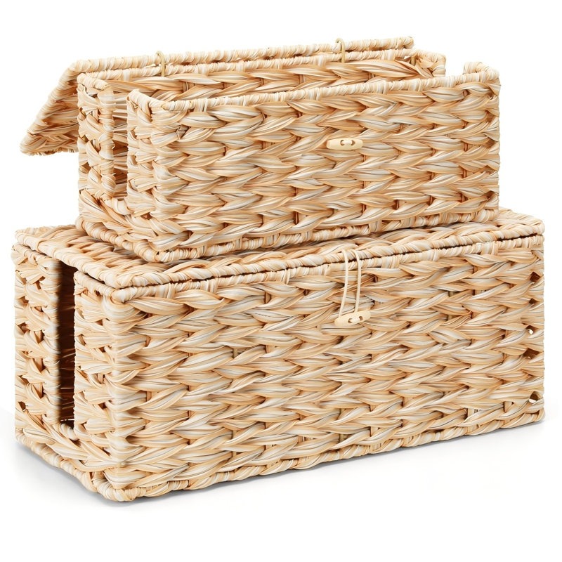 Cable Management Box With Lid, 2 Pack Handwoven Rattan Cord Hider Organizer Boxes, 2 Side Open Slots Storage Box To Hide Cords And Power Strip For Desk, Floor, Office