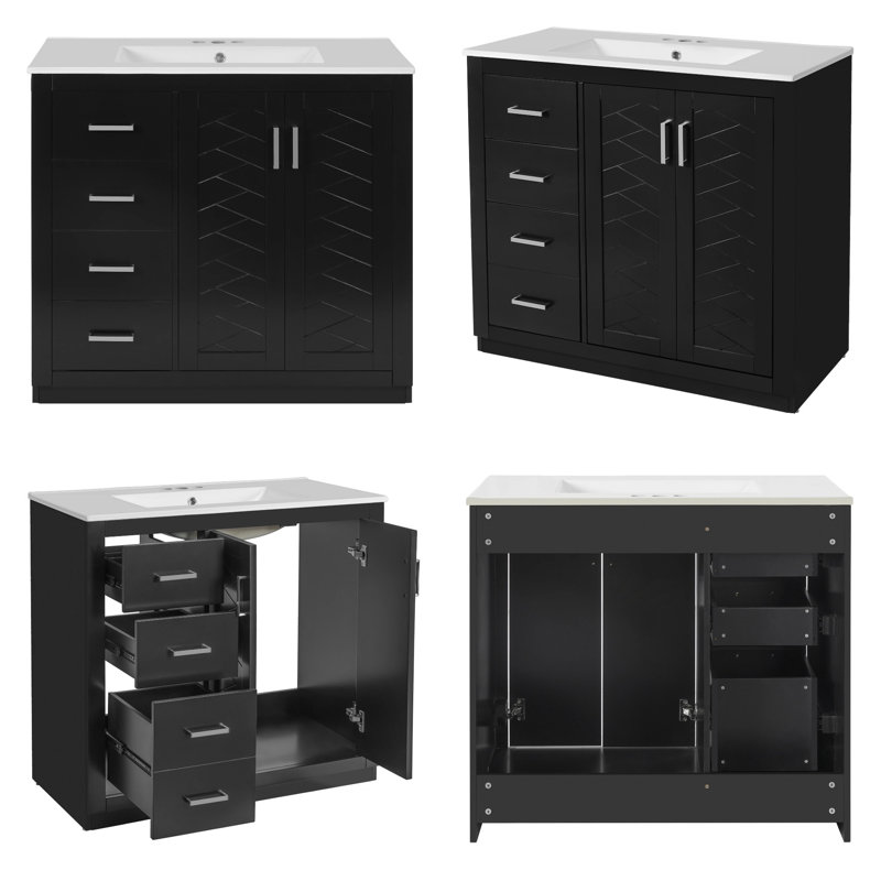 Meuble-lavabo de 36 po avec lavabo en céramique - structure en bois massif, 3 tiroirs à fermeture en douceur et 2 portes à fermeture en douceur, armoire de rangement autoportante avec poignées en métal