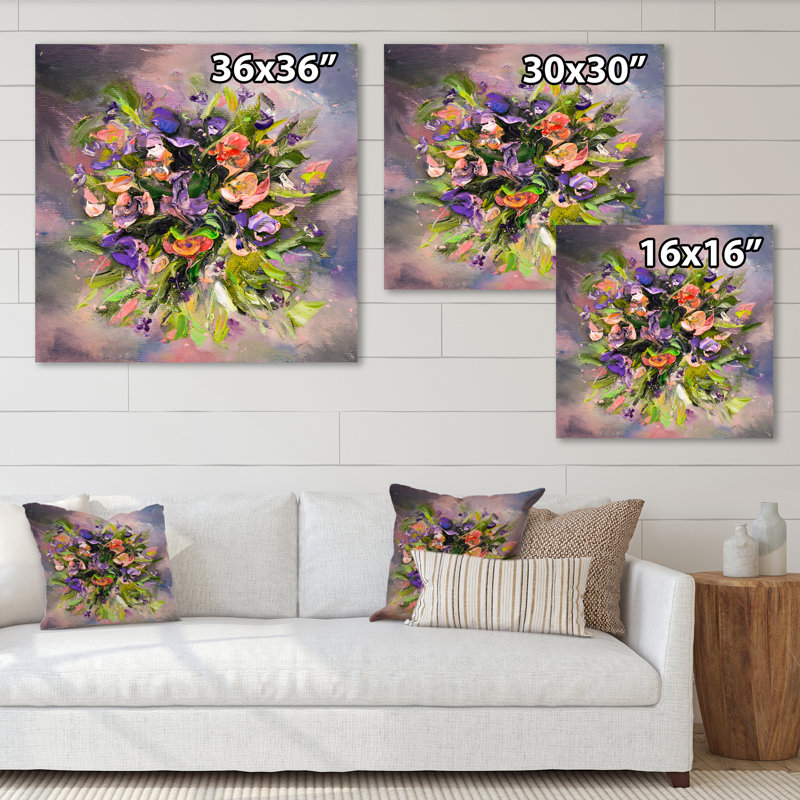 Abstrait fleurs mauves et vertes - art mural traditionnel sur toile, H 16 po x l 16 po x P 1 po, Toile tendue