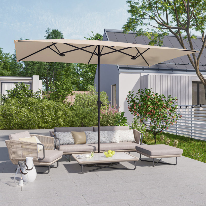 Parasol de patio à double face 10 x 6,5 pi avec grand auvent, Beige
