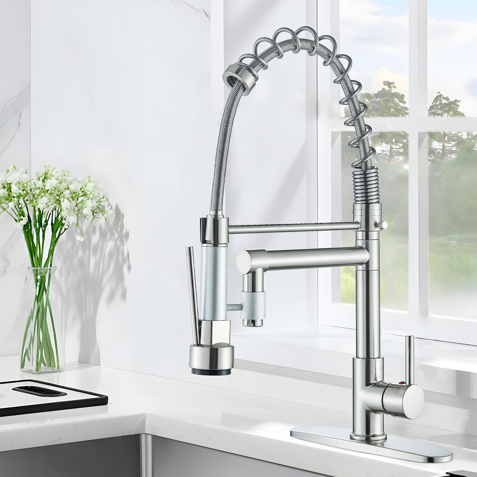 AlenArtWater Contemporary Kitchen Sink Faucet,Single Handle Stainless Steel  Kitchen Faucets with Pull Down Sprayer,Brushed Nickel | Wayfair, image size:1600x1600