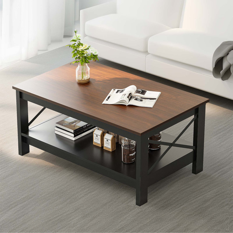O'Kean 39" Rectangular Coffee Table with Storage For Living Room, Black, Walnut