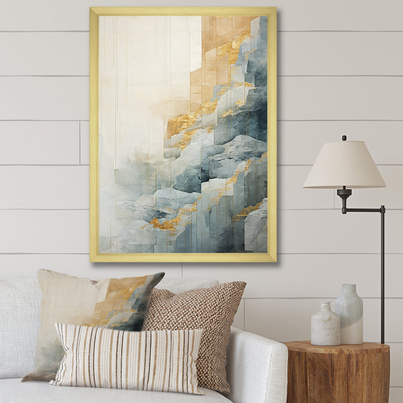 «Gold and Gray Waterfall Adventure Scene I», reproduction sur toile, Cadre doré simple, H 32 po x l 16 po x P 1 po
