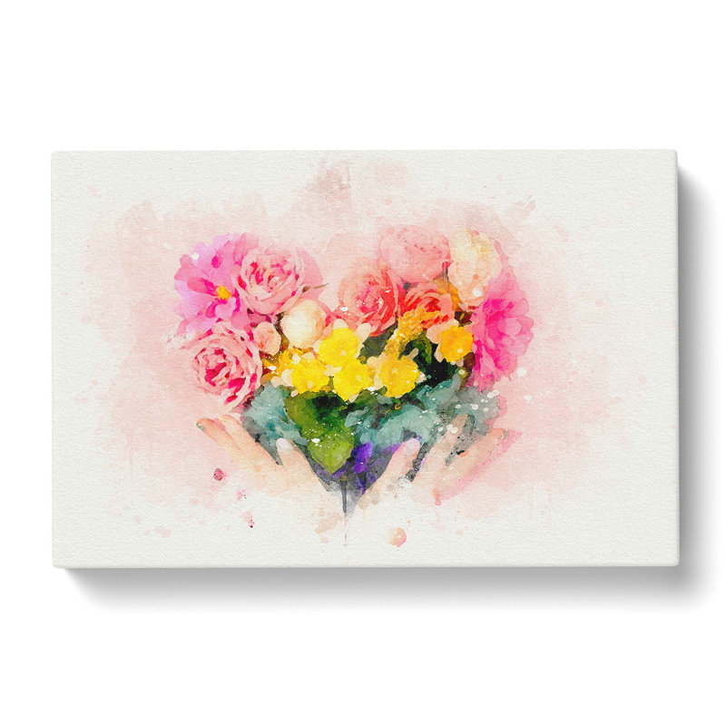 Floral Love Heart In Pink In Abstract - Wrapped Canvas Print, 35cm H x 50cm W x 3cm D
