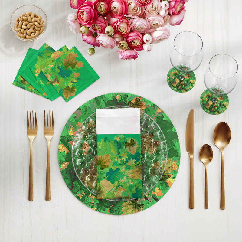 Fallen Leaves Vegan Leather Round Pebble Placemat, Green