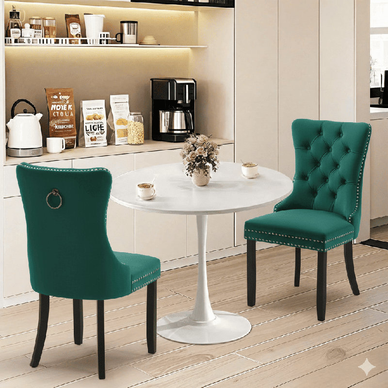 Ensemble de table de salle à manger rond avec 2 chaises, Blanc, Vert / noir
